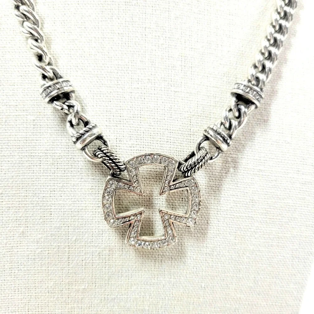 Brighton Chunky Silver Tone Maltese Cross Necklace‎ Reversible Rhinestone NWT
